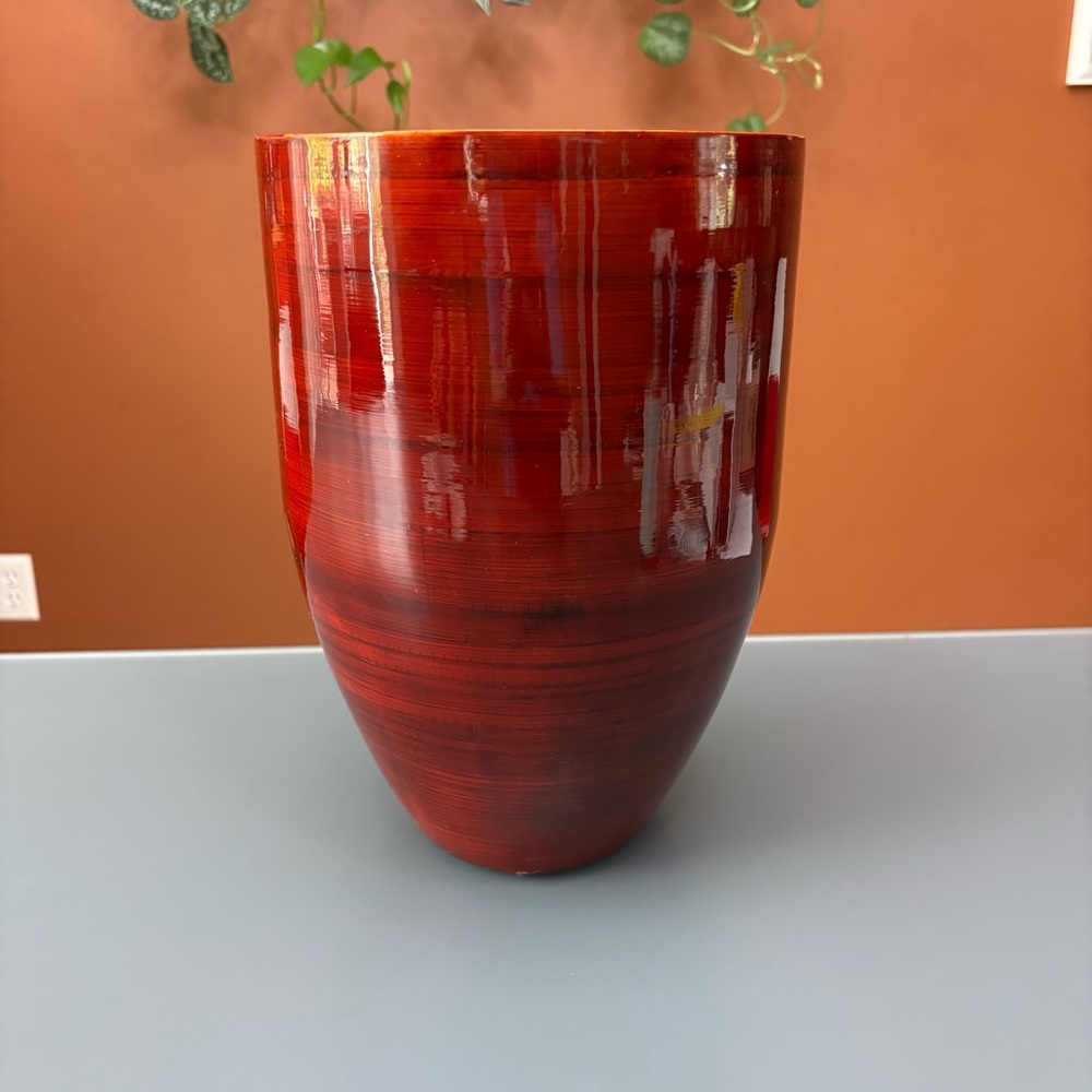 Lifestyles by Sixtrees Bamboo/wood Laquerware Vase Dark Red Asian Home Decor